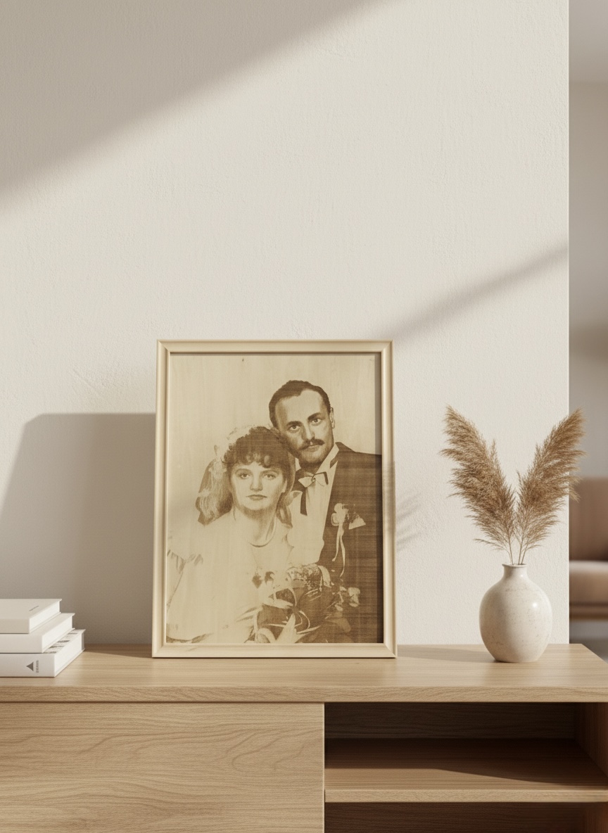 portret wypalany w drewnie