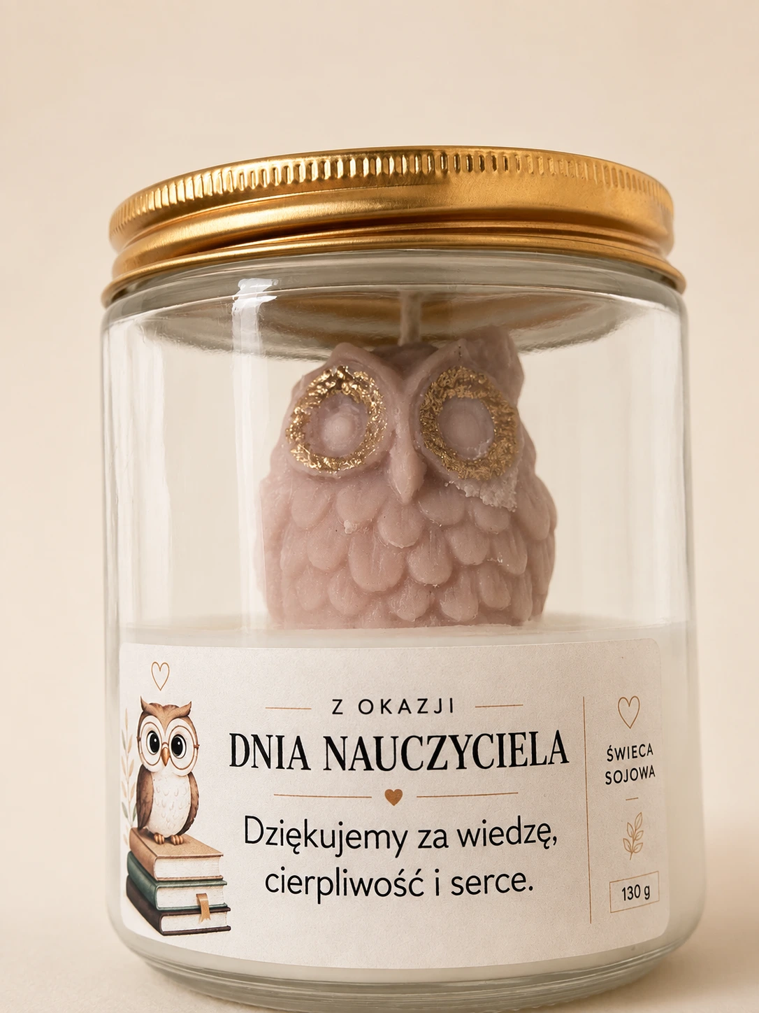 Świeca sojowa dla nauczyciela z sową 130 g – prezent na Dzień Nauczyciela - obrazek 3