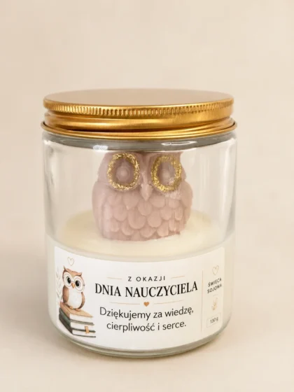 Świeca sojowa dla nauczyciela z sową 130 g w szklanym słoiku