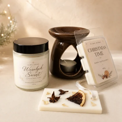 Zestaw świąteczny ze świecą sojową, kominkiem, woskiem 60 g i tabliczką zapachową Christmas Time
